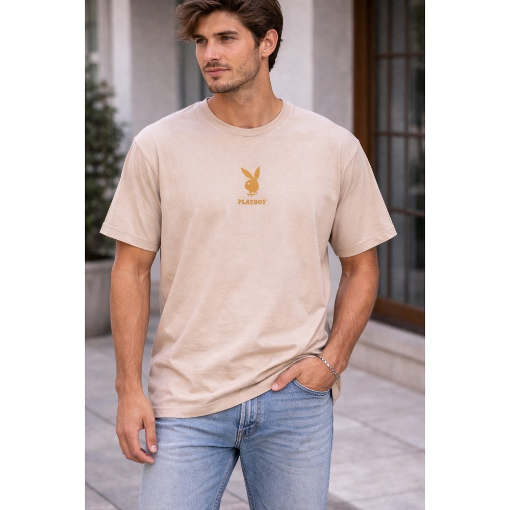 Playboy Mens Graphic T-Shirt Tan Beige Gold‎ Rabbit Logo Cotton Tee Size L
